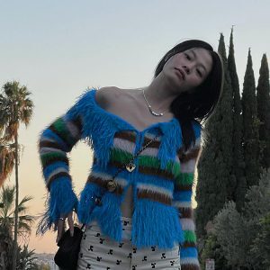 One-Shoulder Striped Long Sleeve Top with Furry Patchwork | Sexy Slim-Fit Women's Jacket | European and American Instagram Style