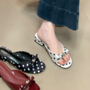 One-Strap Polka Dot Sandals with Bow - Low-Heeled Comfortable Summer Shoes for Outdoor Commuting