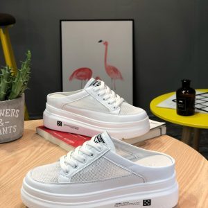 Open-Toe Genuine Leather Slippers for Women, Breathable Mesh Casual Shoes, 7CM Thick-Soled Platform White Half-Slippers for Summer 2025