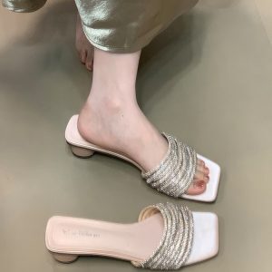 Open-Toe High-Heeled Sandals for Women - 2025 New Style with One-Strap Design, Fine Straps, and Rhinestones - Trendy Evening Footwear