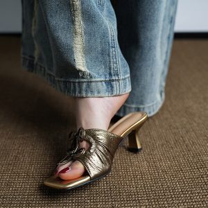 Open-Toe Slip-On Sandals for Women with Thin Mid Heels and Bow - Stylish Golden Vacation Half-Slippers