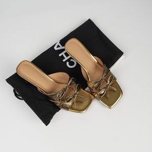 Open-Toe Slip-On Sandals for Women with Thin Mid Heels and Bow - Stylish Golden Vacation Half-Slippers