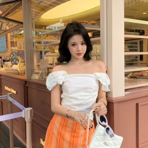 Orange Plaid Vertical Stripe Printed A-Line Skirt for Women - Summer Vintage Style Short Skirt