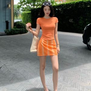 Orange Plaid Vertical Stripe Printed A-Line Skirt for Women - Summer Vintage Style Short Skirt