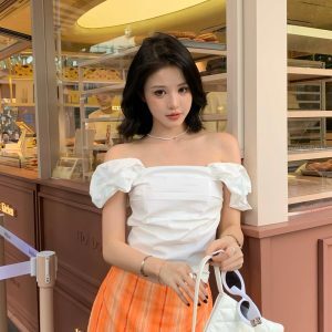 Orange Plaid Vertical Stripe Printed A-Line Skirt for Women - Summer Vintage Style Short Skirt