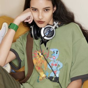 Original Artist Colored Printed Round Neck Color-Block Short Sleeve Cotton T-Shirt for a Unique Y2K Style Look