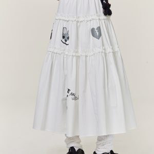 Original Graffiti Print White Lace Slim A-Line Midi Skirt - Trendy 90s Inspired Fashion Piece