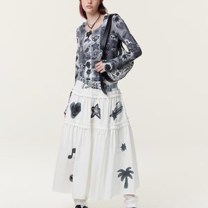 Original Graffiti Print White Lace Slim A-Line Midi Skirt - Trendy 90s Inspired Fashion Piece