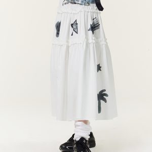 Original Graffiti Print White Lace Slim A-Line Midi Skirt - Trendy 90s Inspired Fashion Piece