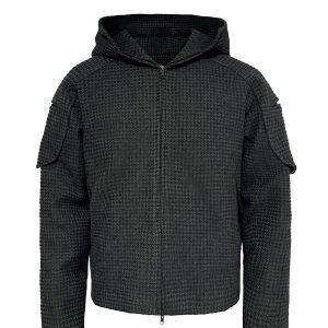 Oversized Black Fleece Beekeeper Jacket with Hood and Zipper - Trendy Textured Coat for Casual Y2K Style