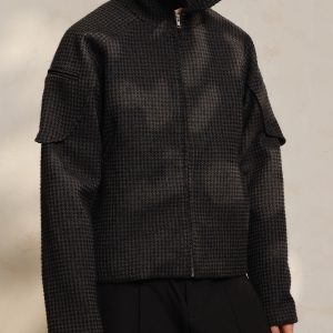 Oversized Black Fleece Beekeeper Jacket with Hood and Zipper - Trendy Textured Coat for Casual Y2K Style