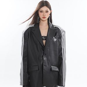 Oversized Black Leather Blazer for Women - Autumn Collection, Chic Niche Design, Long Sleeve Fashion Statement