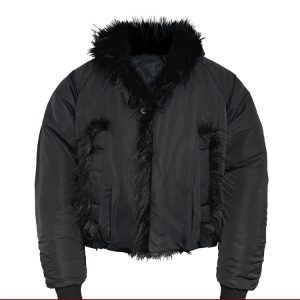 Oversized Nylon Fur Collar Bomber Jacket - 90s-Inspired Cotton Velvet with Placket and Raglan Sleeves for Stylish Winter Warmth