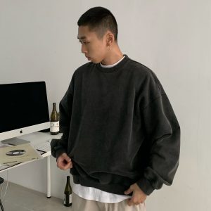 Oversized Vintage Wash Solid Color Boxy Sweatshirt for Men - Trendy Drop Shoulder Round Neck Style