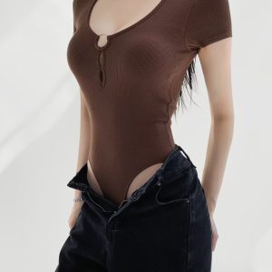 Padded Sexy V-Neck Hollow Design Bodysuit for Women - Fitted Waist, Short Sleeve, Jazz Street Dance Style