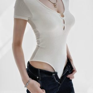Padded Sexy V-Neck Hollow Design Bodysuit for Women - Fitted Waist, Short Sleeve, Jazz Street Dance Style