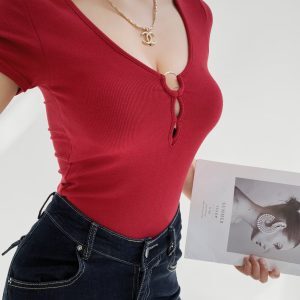 Padded Sexy V-Neck Hollow Design Bodysuit for Women - Fitted Waist, Short Sleeve, Jazz Street Dance Style
