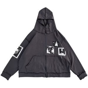 Patchwork Portrait Loose Hoodie for Men and Women - Trendy Autumn Winter Couple Cardigan Jacket, Stylish Unisex Fashion Outerwear
