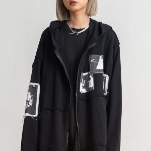 Patchwork Portrait Loose Hoodie for Men and Women - Trendy Autumn Winter Couple Cardigan Jacket, Stylish Unisex Fashion Outerwear