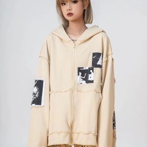 Patchwork Portrait Loose Hoodie for Men and Women - Trendy Autumn Winter Couple Cardigan Jacket, Stylish Unisex Fashion Outerwear