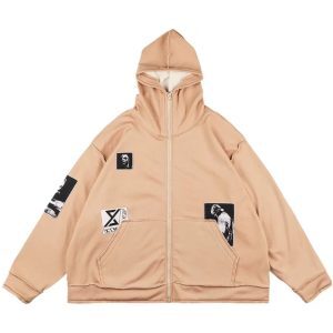 Patchwork Portrait Loose Hoodie for Men and Women - Trendy Autumn Winter Couple Cardigan Jacket, Stylish Unisex Fashion Outerwear
