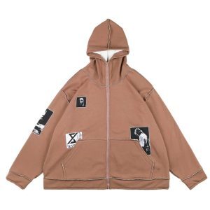 Patchwork Portrait Loose Hoodie for Men and Women - Trendy Autumn Winter Couple Cardigan Jacket, Stylish Unisex Fashion Outerwear