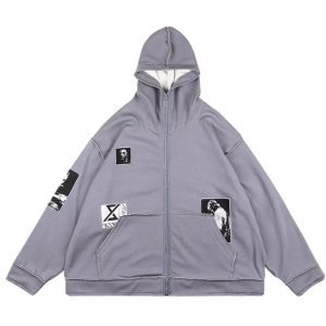 Patchwork Portrait Loose Hoodie for Men and Women - Trendy Autumn Winter Couple Cardigan Jacket, Stylish Unisex Fashion Outerwear