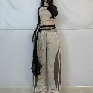Petite Jazz Dance Set for Women - Drawstring Shoulder Sleeve Top + Side Stripe Wide-Leg Quick-Dry Pants, Y2K Style