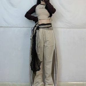 Petite Jazz Dance Set for Women - Drawstring Shoulder Sleeve Top + Side Stripe Wide-Leg Quick-Dry Pants, Y2K Style