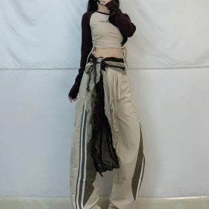 Petite Jazz Dance Set for Women - Drawstring Shoulder Sleeve Top + Side Stripe Wide-Leg Quick-Dry Pants, Y2K Style