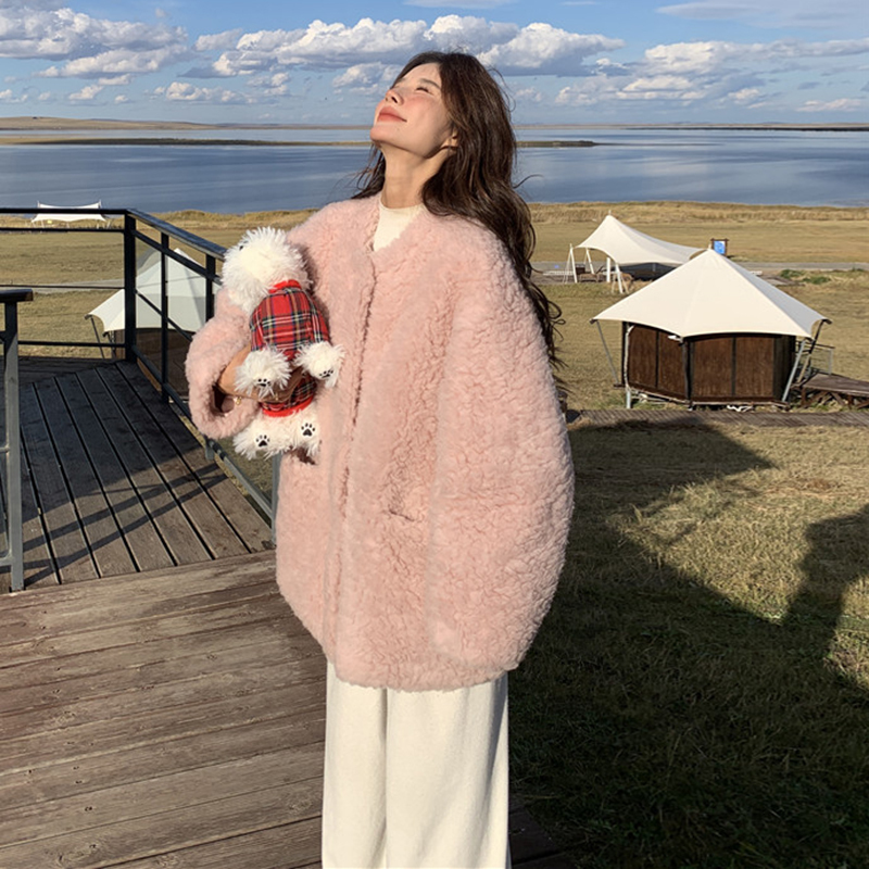 Petite Pink Fufu Lamb Wool Coat for Women - 2024 New Thick Warm Soft Leather and Fur Blend Outerwear