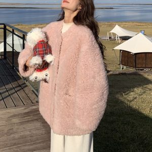 Petite Pink Fufu Lamb Wool Coat for Women - 2024 New Thick Warm Soft Leather and Fur Blend Outerwear