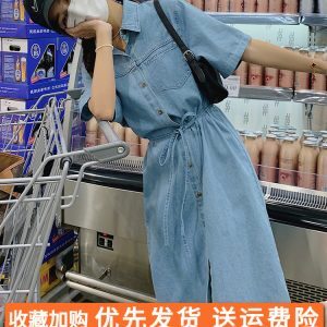 Petite Women's Denim Shirt Dress - Stylish Summer Casual Dress, Thin Fabric, 2025 Trendy Harbor Style