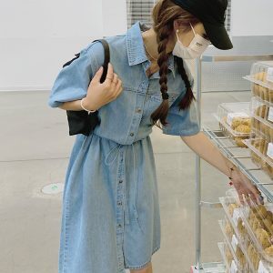 Petite Women's Denim Shirt Dress - Stylish Summer Casual Dress, Thin Fabric, 2025 Trendy Harbor Style