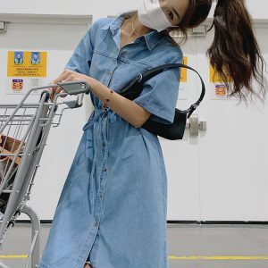 Petite Women's Denim Shirt Dress - Stylish Summer Casual Dress, Thin Fabric, 2025 Trendy Harbor Style