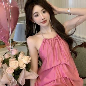 Pink Backless Halter Strap Dress for Women - Summer Vacation Style, Long Dress for Stunning Yunnan Dali Atmosphere