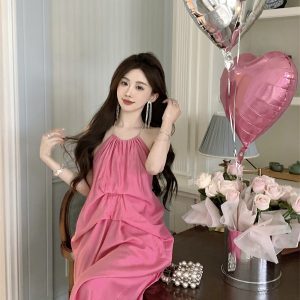 Pink Backless Halter Strap Dress for Women - Summer Vacation Style, Long Dress for Stunning Yunnan Dali Atmosphere