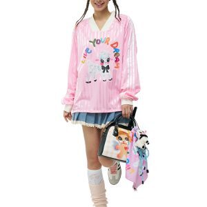 Pink Cute Little Sheep Printed Baseball Jersey Long Sleeve Loose T-Shirt - Y2K Style Casual Top for Trendy Outfits