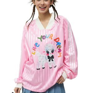 Pink Cute Little Sheep Printed Baseball Jersey Long Sleeve Loose T-Shirt - Y2K Style Casual Top for Trendy Outfits