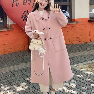 Pink Double-Sided Cashmere Long Wool Coat for Women - Elegant Horn Button Design, 2024 High-End Fashion Overcoat