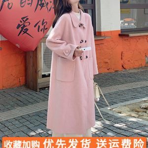 Pink Double-Sided Cashmere Long Wool Coat for Women - Elegant Horn Button Design, 2024 High-End Fashion Overcoat
