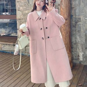 Pink Double-Sided Cashmere Long Wool Coat for Women - Elegant Horn Button Design, 2024 High-End Fashion Overcoat
