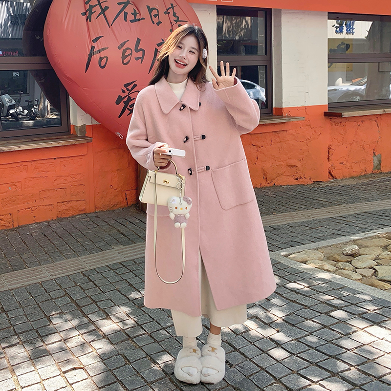 Pink Double-Sided Cashmere Long Wool Coat for Women - Elegant Horn Button Design, 2024 High-End Fashion Overcoat
