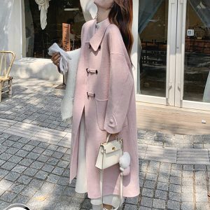 Pink Double-Sided Cashmere Long Wool Coat for Women - Elegant Horn Button Design, 2024 High-End Fashion Overcoat