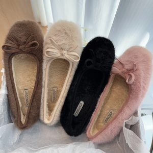 Pink Fluffy Bow Flats for Women - Elegant Plush Cotton Shoes, 2024 Autumn Winter Style, Fairy Tale Inspired, Cute Y2K Design