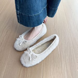 Pink Fluffy Bow Flats for Women - Elegant Plush Cotton Shoes, 2024 Autumn Winter Style, Fairy Tale Inspired, Cute Y2K Design