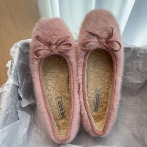 Pink Fluffy Bow Flats for Women - Elegant Plush Cotton Shoes, 2024 Autumn Winter Style, Fairy Tale Inspired, Cute Y2K Design