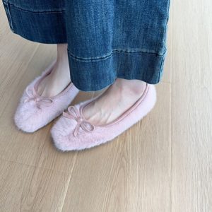 Pink Fluffy Bow Flats for Women - Elegant Plush Cotton Shoes, 2024 Autumn Winter Style, Fairy Tale Inspired, Cute Y2K Design