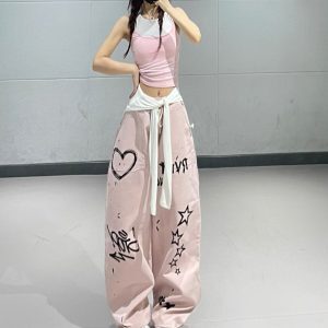 Pink Graffiti Print Jazz Dance Sweatpants for Women - Casual Straight-Leg Pants with Trendy Group Ins Design