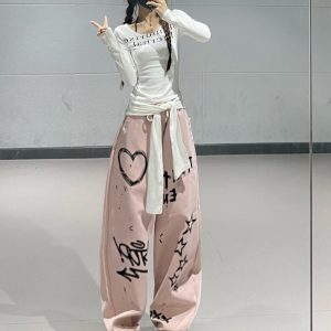 Pink Graffiti Print Jazz Dance Sweatpants for Women - Casual Straight-Leg Pants with Trendy Group Ins Design